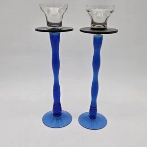 Pair Of Art Glass Candle Holders Multi Colors Twisted Stem Handmade 9.5"